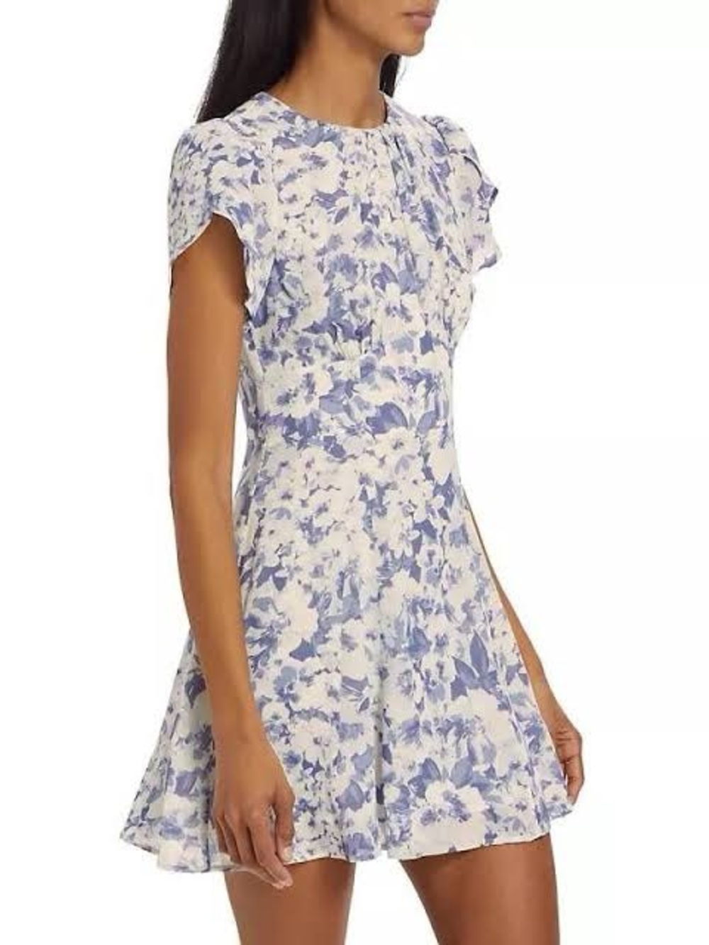 Reformation Blue and White Floral Short flutter Sleeve A-Line Dress
